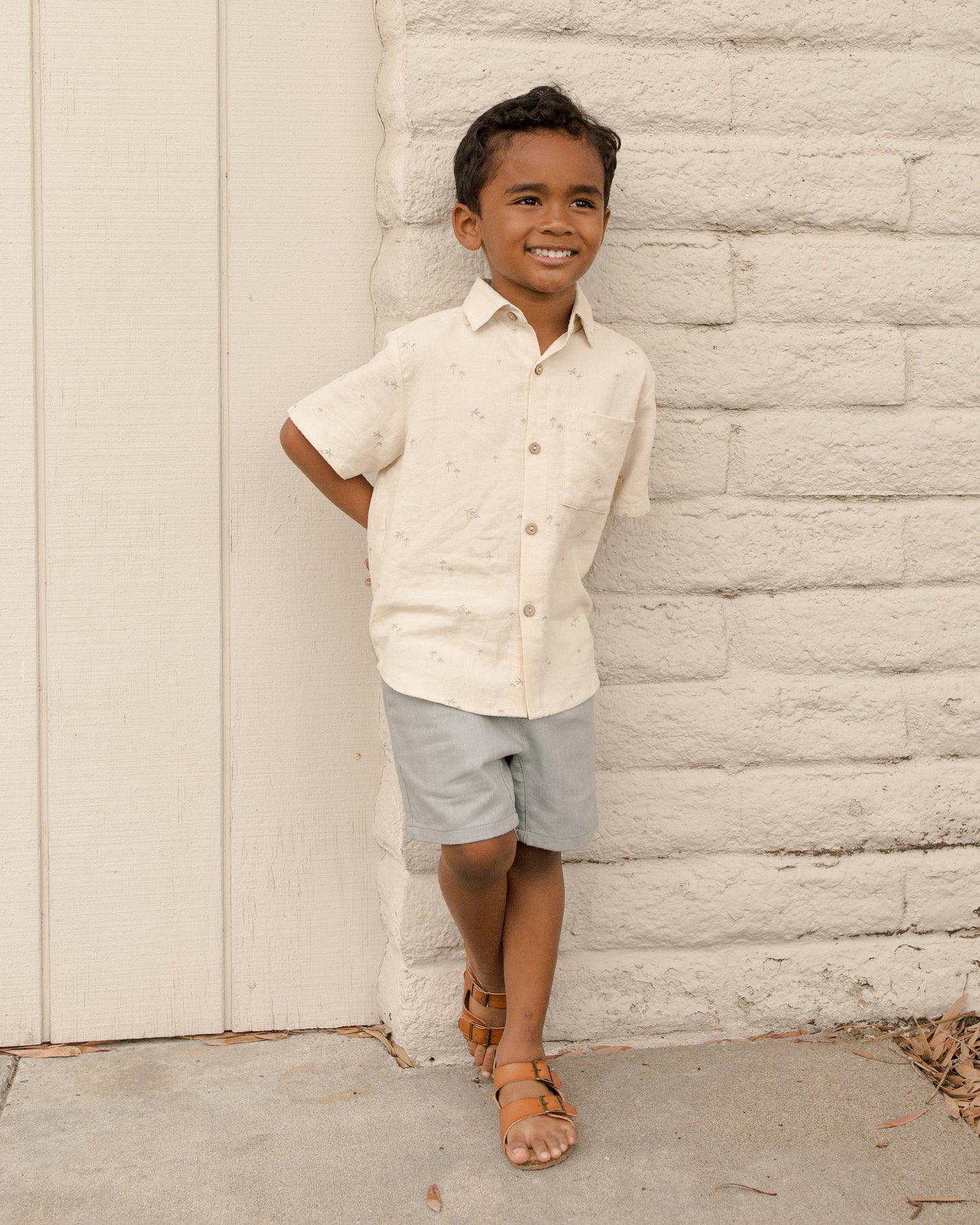 Rylee & Cru Collared Short Sleeve Shirt Natural Palms