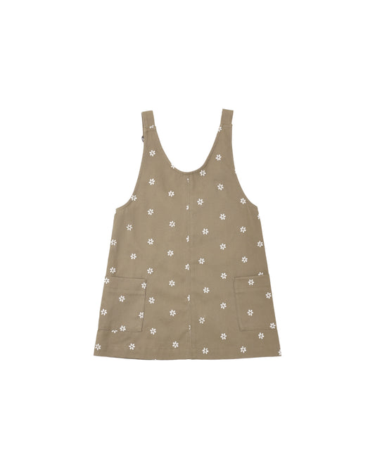 Rylee + Cru V-Neck Overall Dress Embroidered Daisies Olive