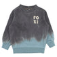 Gray and blue tie-dye sweatshirt with 'FOX' logo on a white background