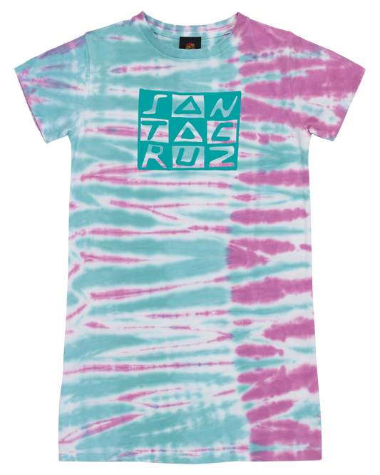 Santa Cruz Short Sleeve Dress Checker Block Front Ocean Tie Dye