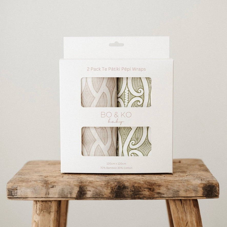 Bo & Ko 2 Pack Wrap Set Te Pātiki Mocha  & Te Pātiki Green