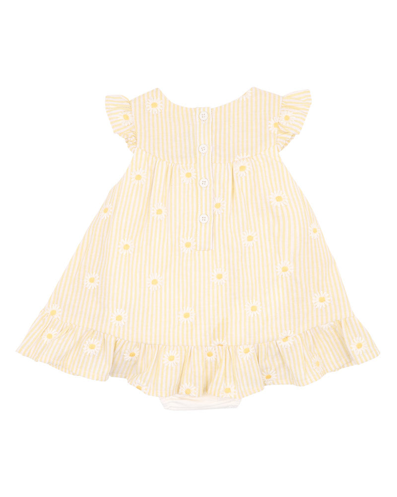 Minihaha Tillie EMB Daisy Overlay Dress Lemon Stripe