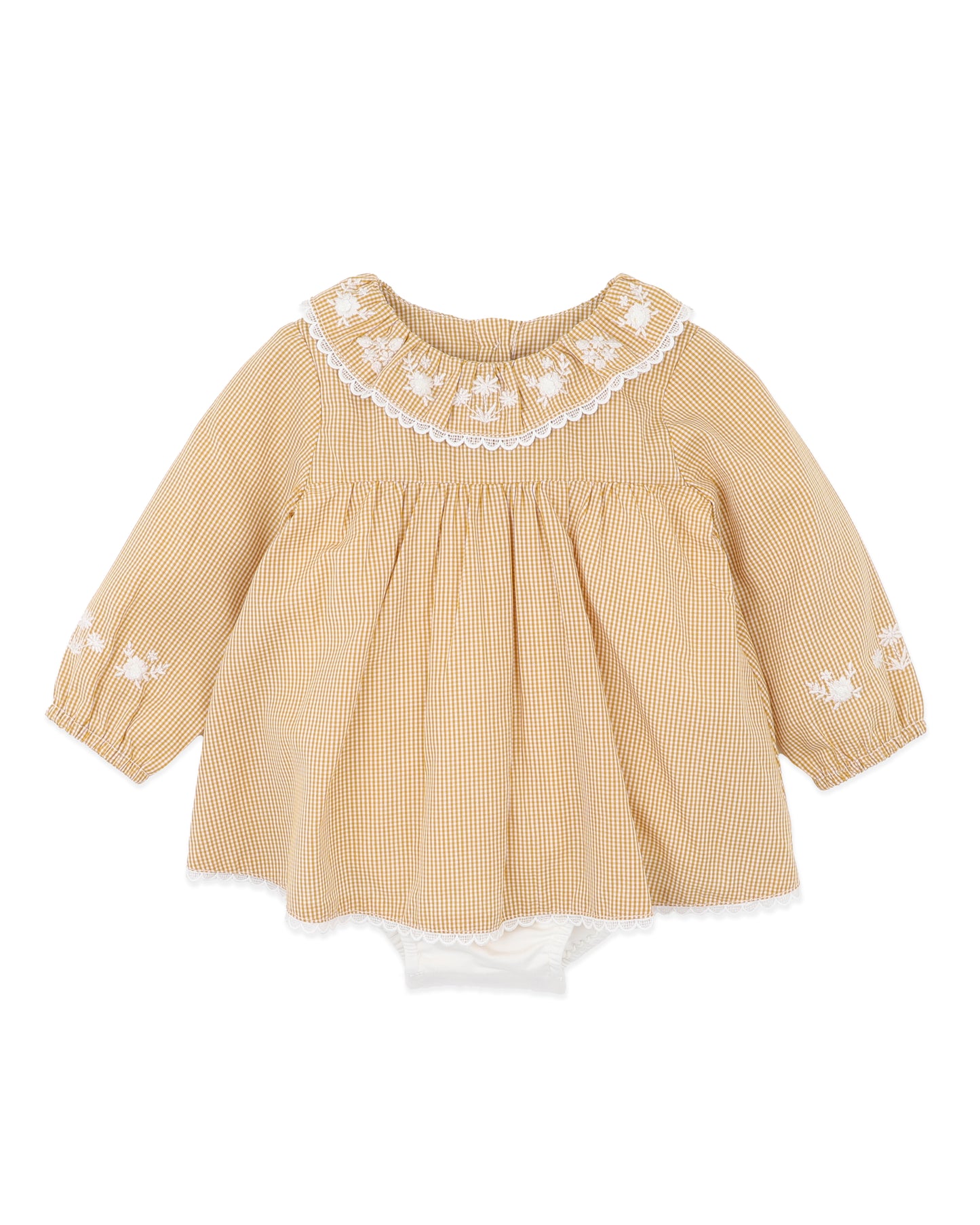 Minihaha Baby Winnie Embroidery Gingham Overlay Dress Mustard Check