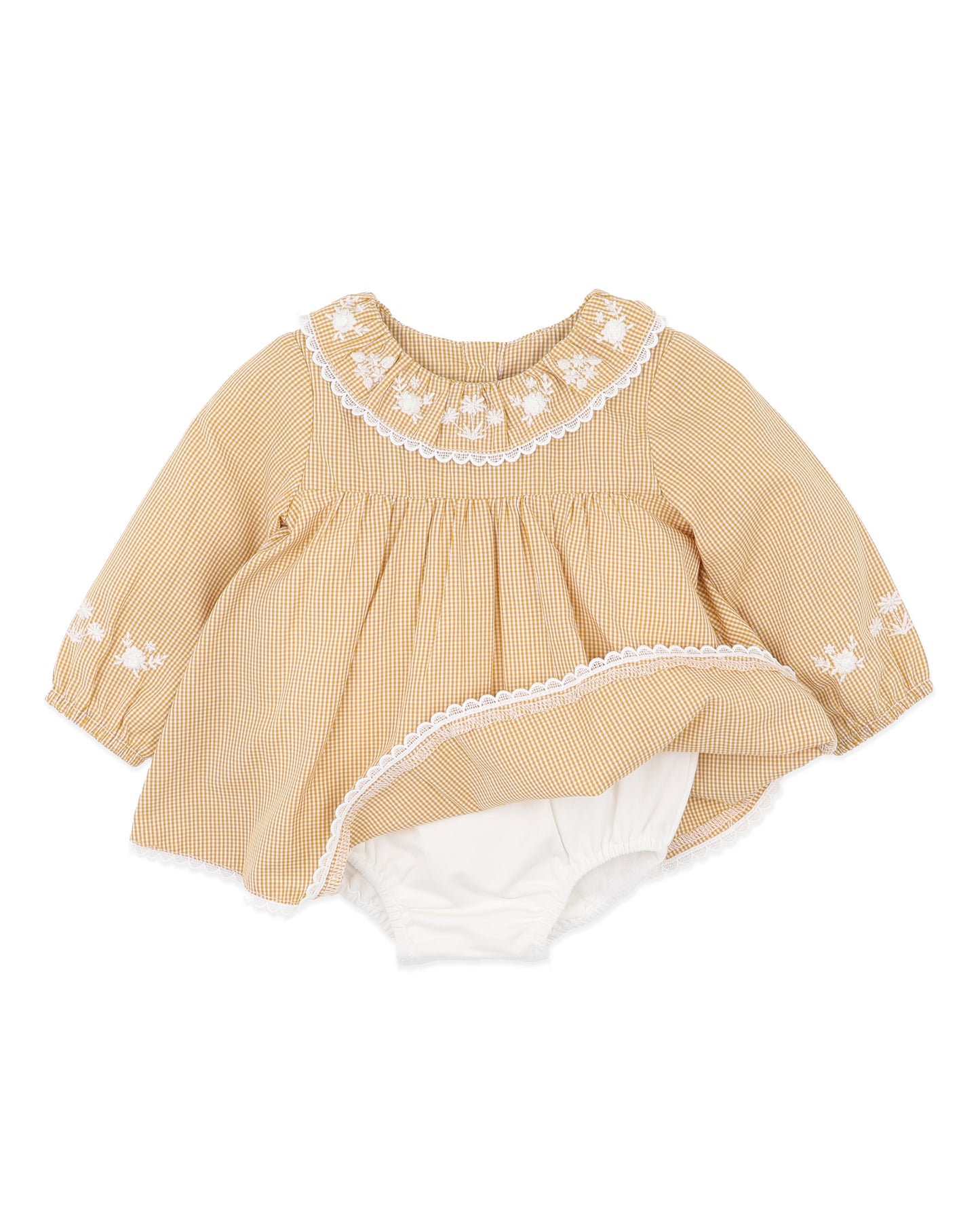 Minihaha Baby Winnie Embroidery Gingham Overlay Dress Mustard Check