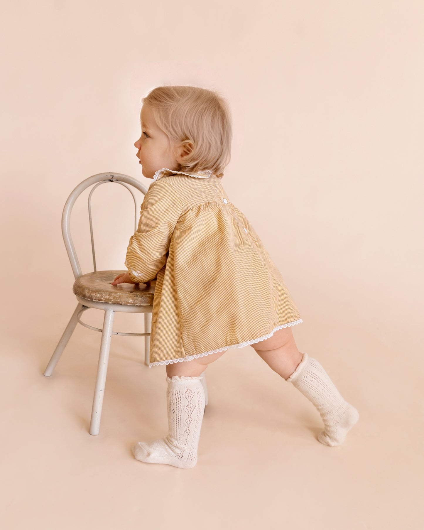Minihaha Baby Winnie Embroidery Gingham Overlay Dress Mustard Check