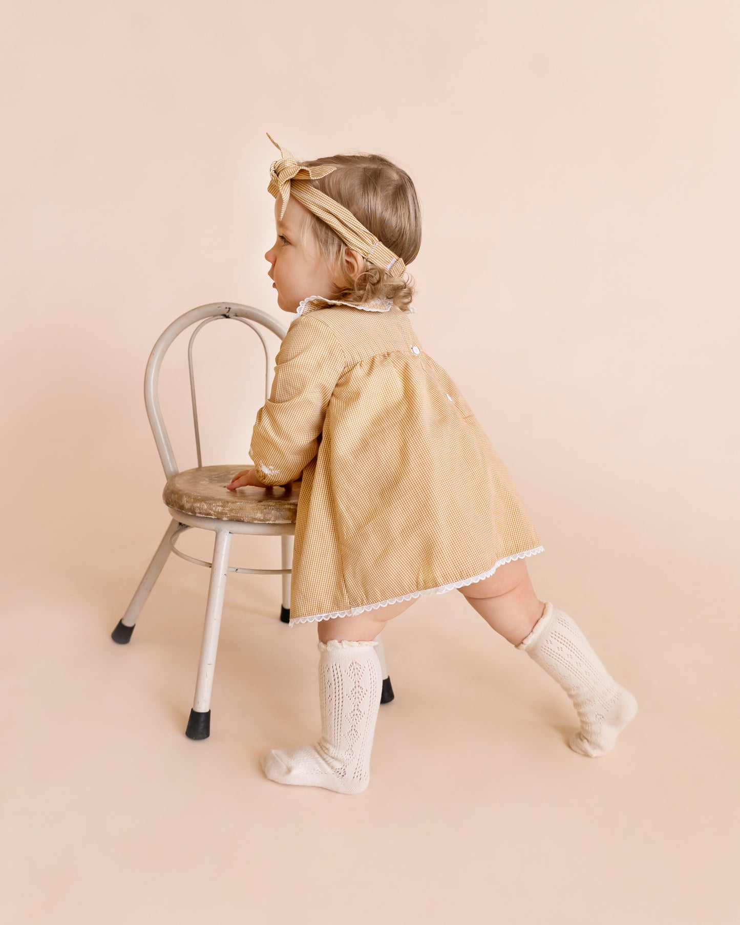 Minihaha Baby Winnie Embroidery Gingham Overlay Dress Mustard Check