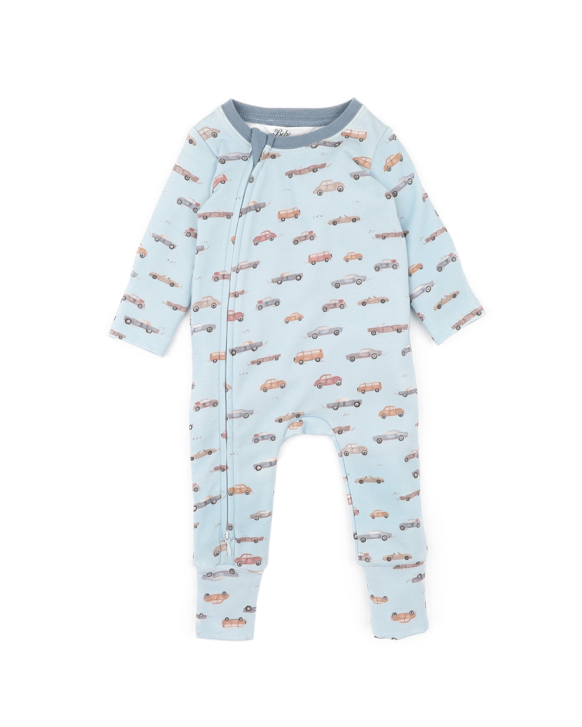 Light blue baby onesie with car pattern on a white background