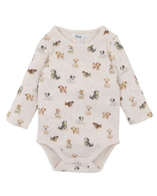 Baby bodysuit with dog pattern on a white background