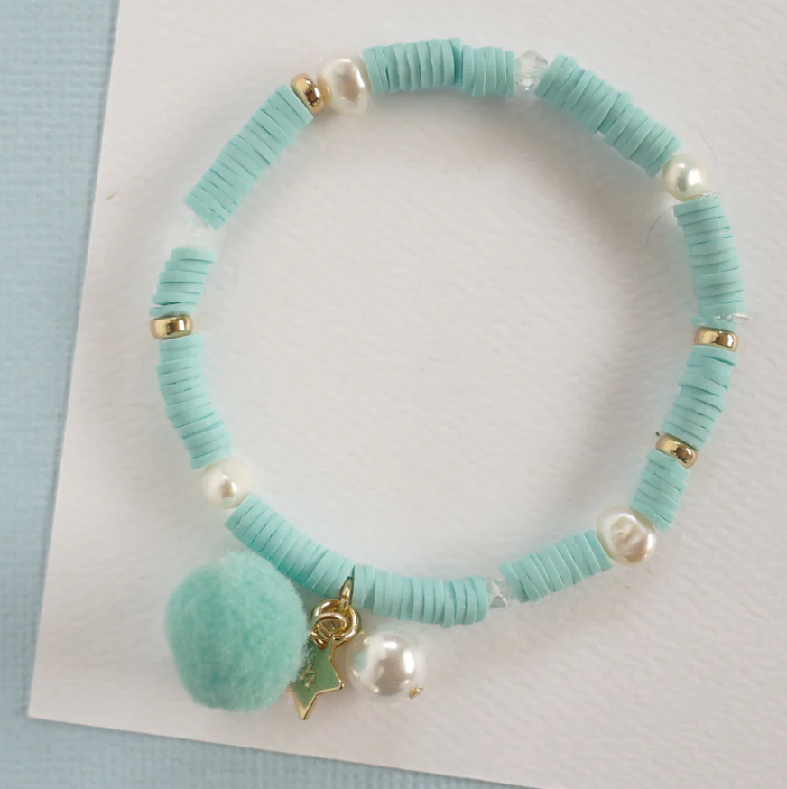 Lauren Hinkley Pom Pom and Pearl Elastic Bracelet - Aqua Blue