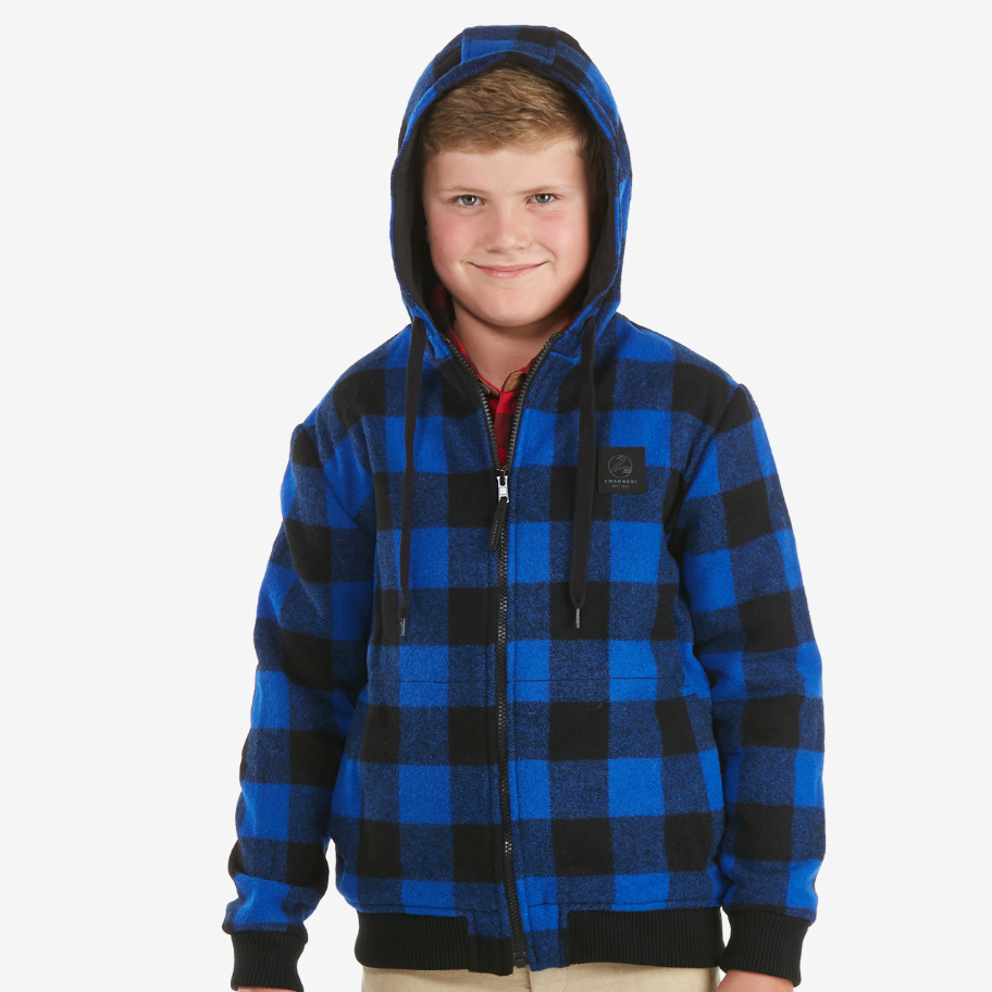 Swanndri Kid's Crooked River Wool Hoodie Blue/Black Check